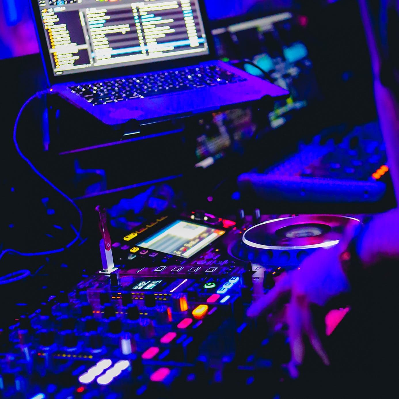 The DJ booth under blue light